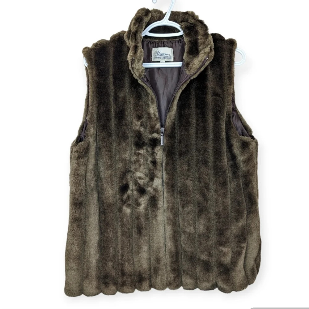 Vintage Tradition Country Collection Faux Fur Brown Zip Up Vest Women Medium